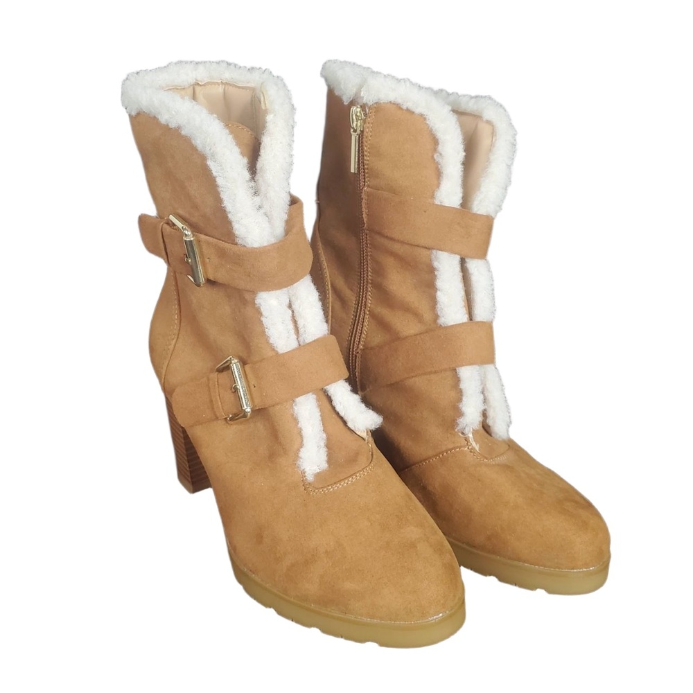 12 Thompson Tania Faux Shearling Multi Strap Buckle Chunky Heel Boots Tan 9 - Picture 12 of 14